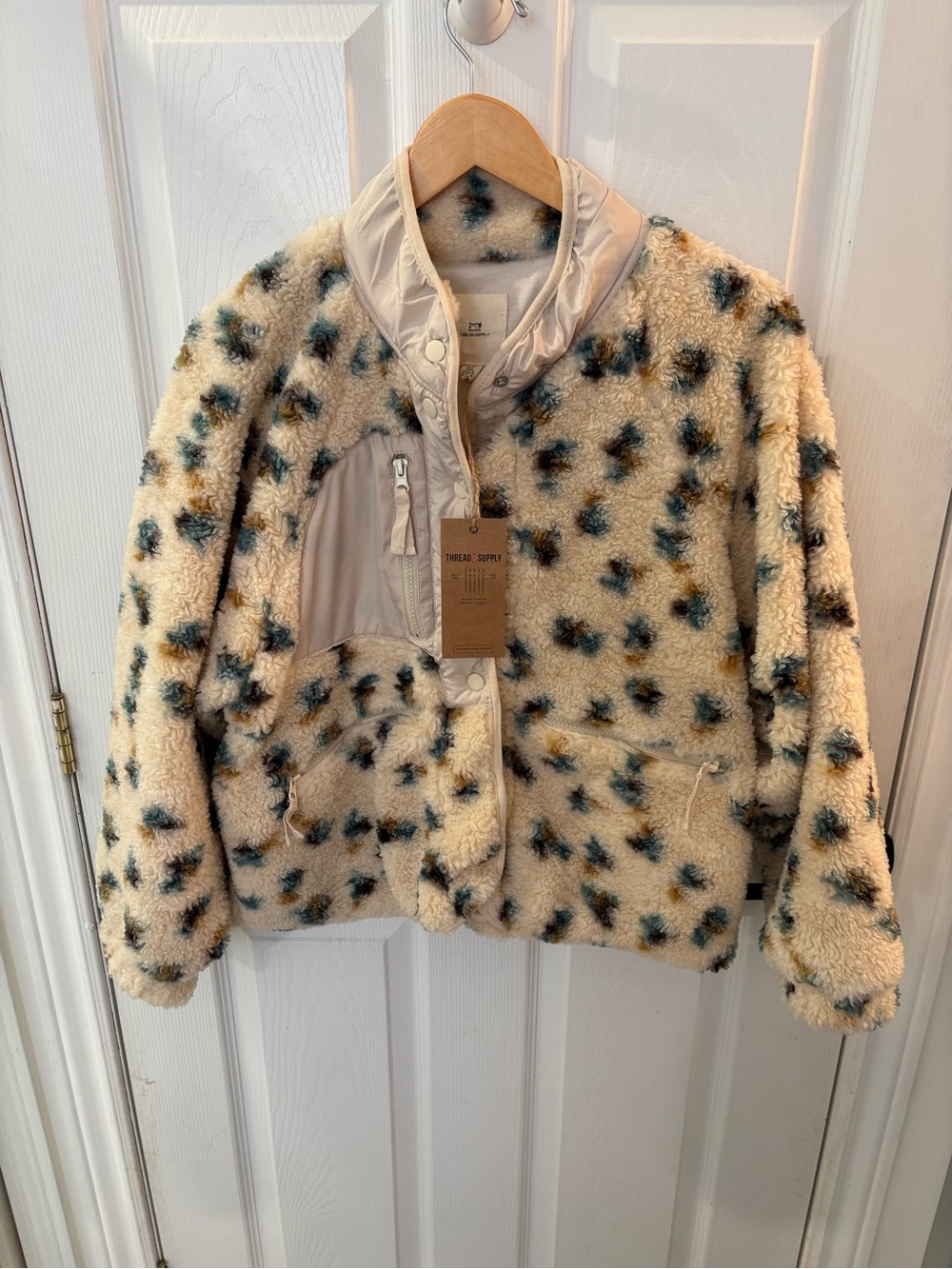 Thread & Supply Cream Sherpa Jacket with Teal and Brown Spots